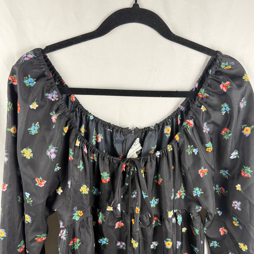 Vintage Black Balloon Sleeve Ditsy Dark‎ Floral Midi Peasant Dress Whimsigoth 12 - Picture 3 of 12